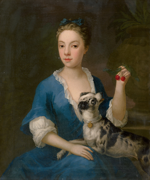 Lot 6046, Auction  128, Ross, Thomas, Bildnis einer jungen Dame in Halbfigur im blauen Hauskleid mit Schoßhund und Kirschen in der linken Hand