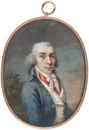 Lot 6055, Auction  128, Schtschukin, Stepan Semjonowitsch, Bildnis eines jungen Mannes mit gepuderter Perücke, in blau-grüner Jacke, gestreifter weißer Weste, roter Unterweste und geknoteter weißer Halsbinde, vor Wald und Himmelhintergrund