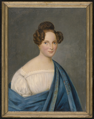 Los 6065 - Deutsch - um 1830. Bildnis einer jungen Frau mit Hochsteckfrisur im weißen Kleid und blauem Schal - 1 - thumb