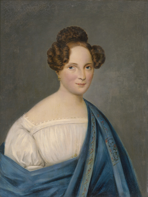 Lot 6065, Auction  128, Deutsch, um 1830. Bildnis einer jungen Frau mit Hochsteckfrisur im weißen Kleid und blauem Schal