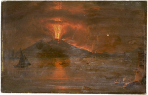 Lot 6072, Auction  128, Italienisch, 19. Jh. Nächtlicher Vesuvausbruch, links der Leuchtturm des Hafens Santa Lucia in Neapel