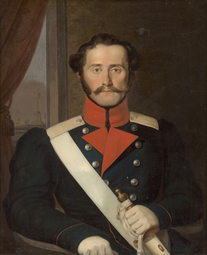 Lot 6098, Auction  128, Deutsch, um 1835. Bildnispaar eines preussischen Offiziers in Ausgehuniform und seiner Gemahlin im grünen Kleid