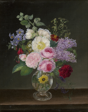 Lot 6101, Auction  128, Deutsch oder Österreichisch, 19. Jh. Stillleben mit Flieder, gefüllten Rosen und Fuchsien in einer Glasvase