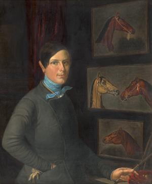 Lot 6103, Auction  128, Grünler, Louis, Selbstbildnis des Künstlers im Malerrock vor seinen eigenen Pferdstudien