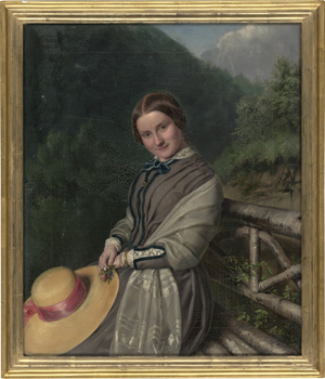 Los 6108 - Achten, Joseph Maria Nepomuck - Bildnis einer jungen Frau auf einer Bank in einem Alpental, in der Hand einen Strohhut und ein Feldblumenstrauß - 1 - thumb