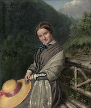 Lot 6108, Auction  128, Achten, Joseph Maria Nepomuck, Bildnis einer jungen Frau auf einer Bank in einem Alpental, in der Hand einen Strohhut und ein Feldblumenstrauß