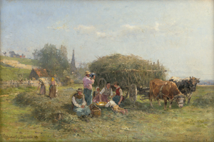 Lot 6157, Auction  128, Heinisch, Carl Adam, "Vesperstunde" - Heubauern beim Mittagsmahl auf dem Feld