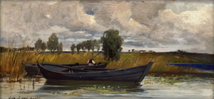Lot 6182, Auction  128, Jacob d. J., Julius, Zwei ankernde Kähne am schilfbestandenen Flussufer