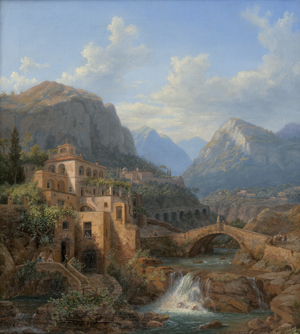 Lot 6206, Auction  128, Deutsch, 1869. Italienischer Konvent in Berglandschaft mit Brücke