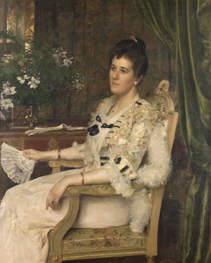 Lot 6210, Auction  128, Jans, Edouard de, Bildnis einer eleganten Dame in Weiß mit Fächer und Straußenfeder Boa