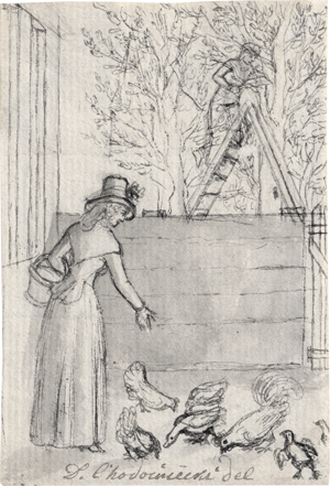 Lot 6510, Auction  128, Chodowiecki, Daniel Nikolaus, Die Frau füttert das Federvieh, während der Prediger C. H. Schultze in Döbritz die Bäume schneidet