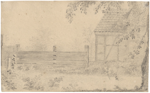 Lot 6511, Auction  128, Chodowiecki, Daniel Nikolaus, Fachwerkhaus am Wegrain mit Gartentor und Plankenzaun