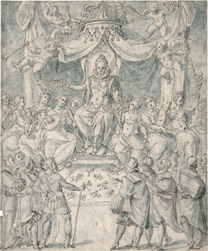 Lot 6557, Auction  128, Französisch, um 1600. Allegorische Darstellung mit einer Königin, die Lorbeerkränze verteilt