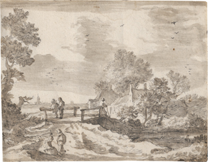 Lot 6571, Auction  128, Niederländisch, 17. Jh. Landschaft mit Holzbrücke und einem Gehöft im Hintergrund