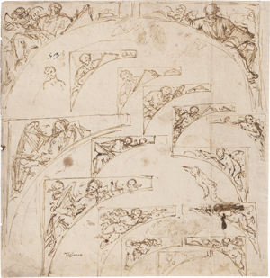 Lot 6587, Auction  128, Italienisch, 16. Jh. Studienblatt mit Entwürfen zu Zwickeln mit Darstellung von Evangelisten und Putti