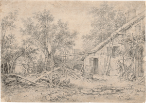 Lot 6634, Auction  128, Französisch, Ende 18. Jh. Bauernhaus mit Frau am Brunnen