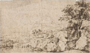 Lot 6652, Auction  128, Niederländisch oder Italienisch, 18. Jh. Gebirgslandschaft mit Fluss und Hirten mit ihrem Vieh