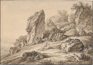 Lot 6655, Auction  128, Kolbe, Carl Wilhelm - zugeschrieben, Felsiger Hang mit rastendem Paar, im Hintergrund eine Ortschaft