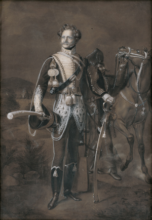 Lot 6696, Auction  128, Hildebrandt, Ferdinand Theodor, Bildnis des Wilhelm von Knobelsdorff in Galauniform, hinter ihm sein Adjutant mit Pferd