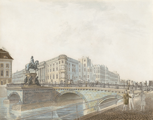 Lot 6697, Auction  128, Deutsch, um 1820. Blick über die Lange Brücke mit dem Reiterstandbild des Großen Kurfürsten auf das Berliner Stadtschloss