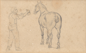 Los 6702 - Géricault, Théodore - Tableau mit 5 Zeichnungen: Stallszene mit drei Pferden; Stehende Kuh; Frauenkopf im Profil; Mann mit Pferd, verso: Stallszene mit einem Pferd; Stallszene mit zwei Pferden - 3 - thumb