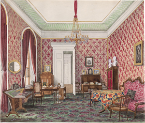 Lot 6705, Auction  128, Deutsch, 19. Jh. Blick in einen herrschaftlichen Salon wohl in Russland, rechts an der Wand das Bild des Zaren Peter d. Großen