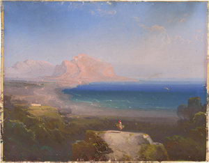 Lot 6731, Auction  128, Schreiber, Peter Conrad, Ansicht von Palermo mit dem Monte Pellegrino, im Vordergrund ein Reiter mit beladenem Maulesel