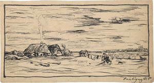 Lot 6744, Auction  128, Daubigny, Charles-François, Weite Landschaft mit Bauernhäusern und heimkehrenden Feldarbeitern