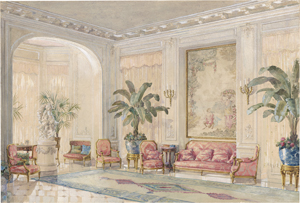 Lot 6779, Auction  128, Rémon, Georges, Salon in einer Villa der Belle Époque mit Möbeln im Stil Louis XVI und Palmen, links eine Marmorskulptur