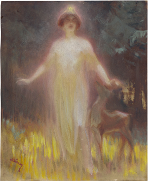 Lot 6789, Auction  128, Schram, Alois Hans, "Vision": Waldnymphe mit Rehkitz auf einer Lichtung