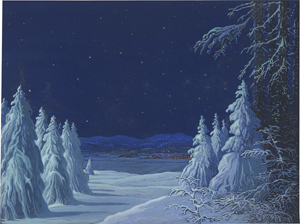 Lot 6816, Auction  128, Kranz, Wilhelm, "Winternacht": Sternenhimmel über verschneitem Dorf, im Vordergrund Tannenwald