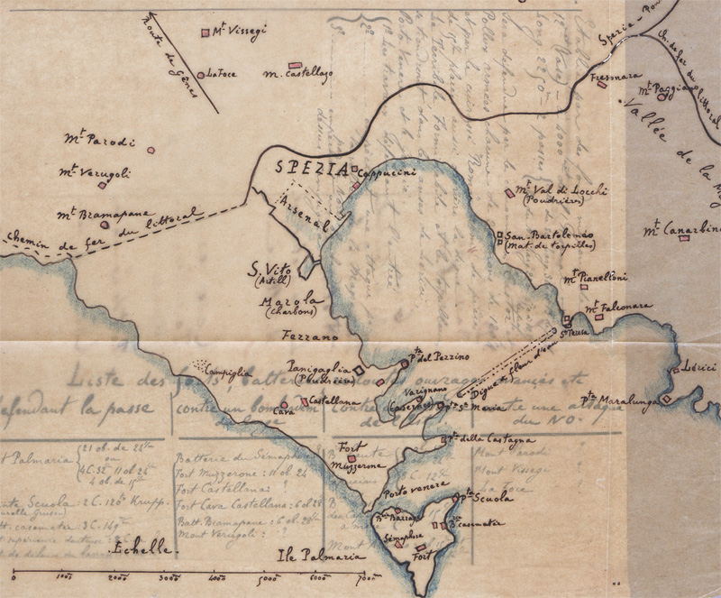 Lot 84, Auction 128, La Spezia, "Renseignements sur La Spezia". Französische Handschrift auf Papier und grenzkolorierter Lageplan