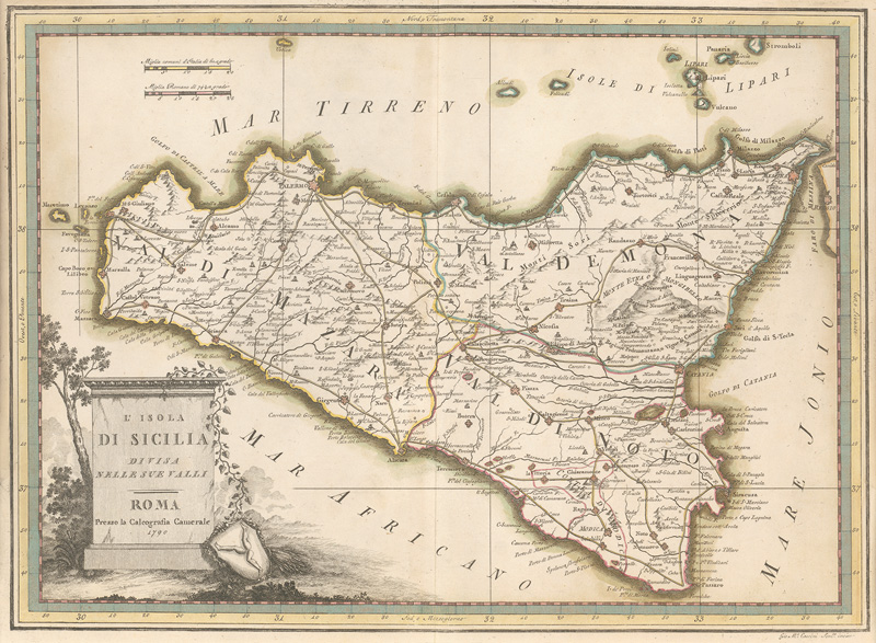 Lot 100, Auction  128, L'isola di Sicilia, divisa nelle sue valli". Kupferstichkarte aus dem "Nuovo atlante geografico universale" des Giovanni Maria Cassini. 