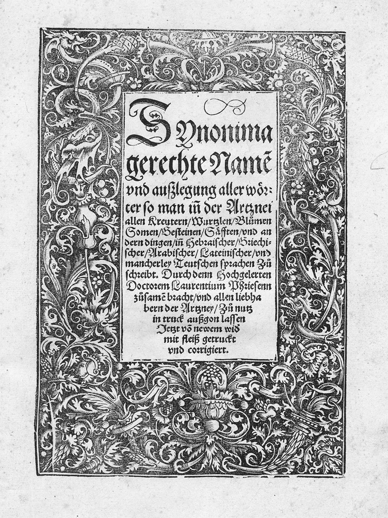Lot 289, Auction 128, Fries, L., Synonima, gerechte Namen und Auszlegung aller Wörter so man inn der Artznei allen Kreutern, Wurtzlen, Bluomen Samen, Gesteinen, Saefften...