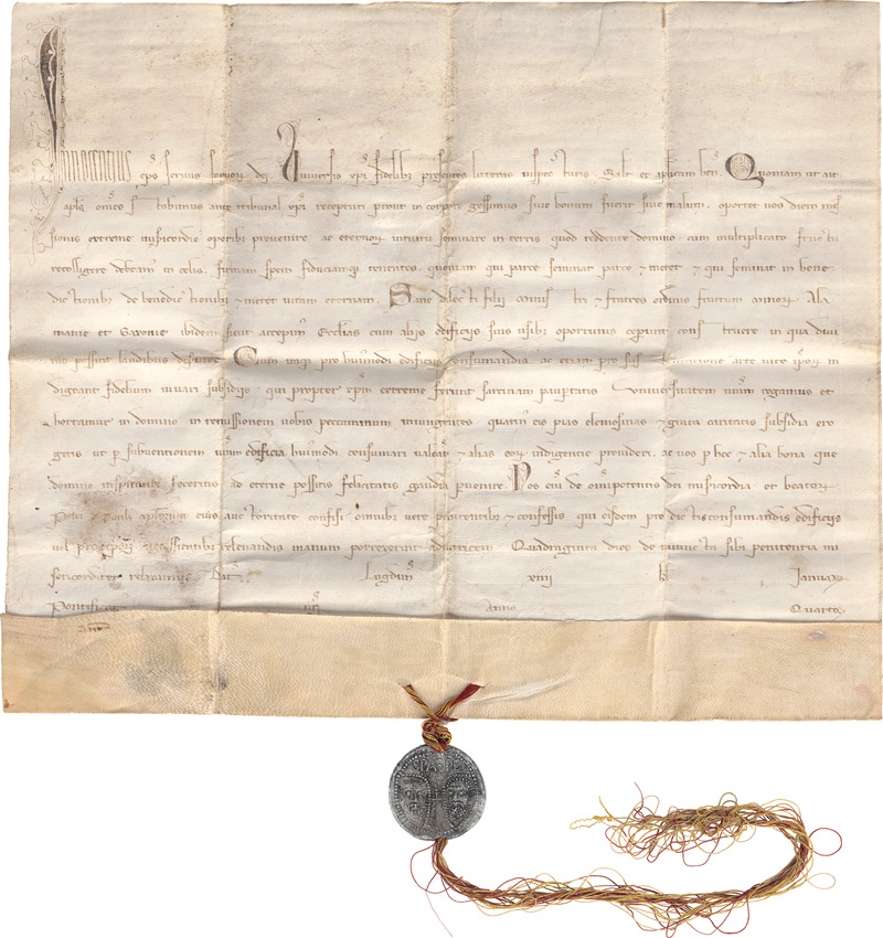 Lot 1001, Auction 128, Innocentius IV. Papa, Bulla indulgentiarum - Litterae Apostolicae sub plumbo. Päpstliche Ablassbulle. Lateinische Handschrift auf Pergament.