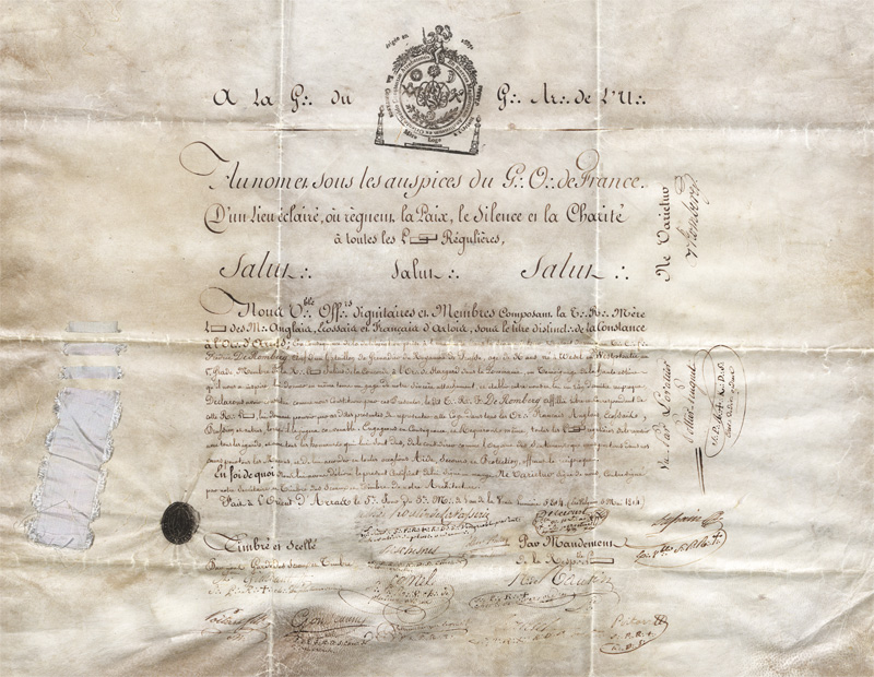 Lot 1023, Auction 128, Grand Orient de France, Initiations-Urkunde der Mutterloge für Friedrich von Romberg.