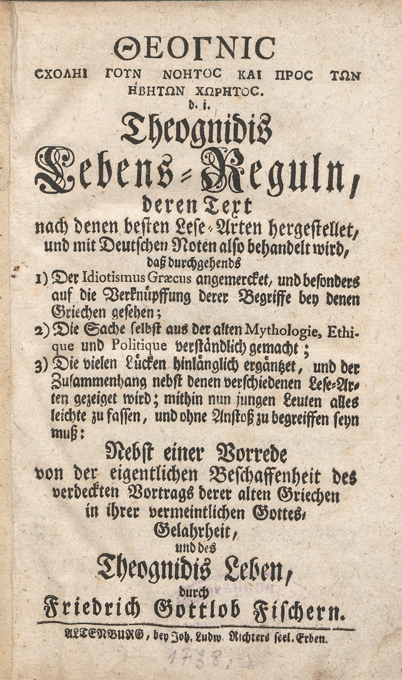 Lot 2149, Auction 128, Theognis von Megara, Lebens-Reguln