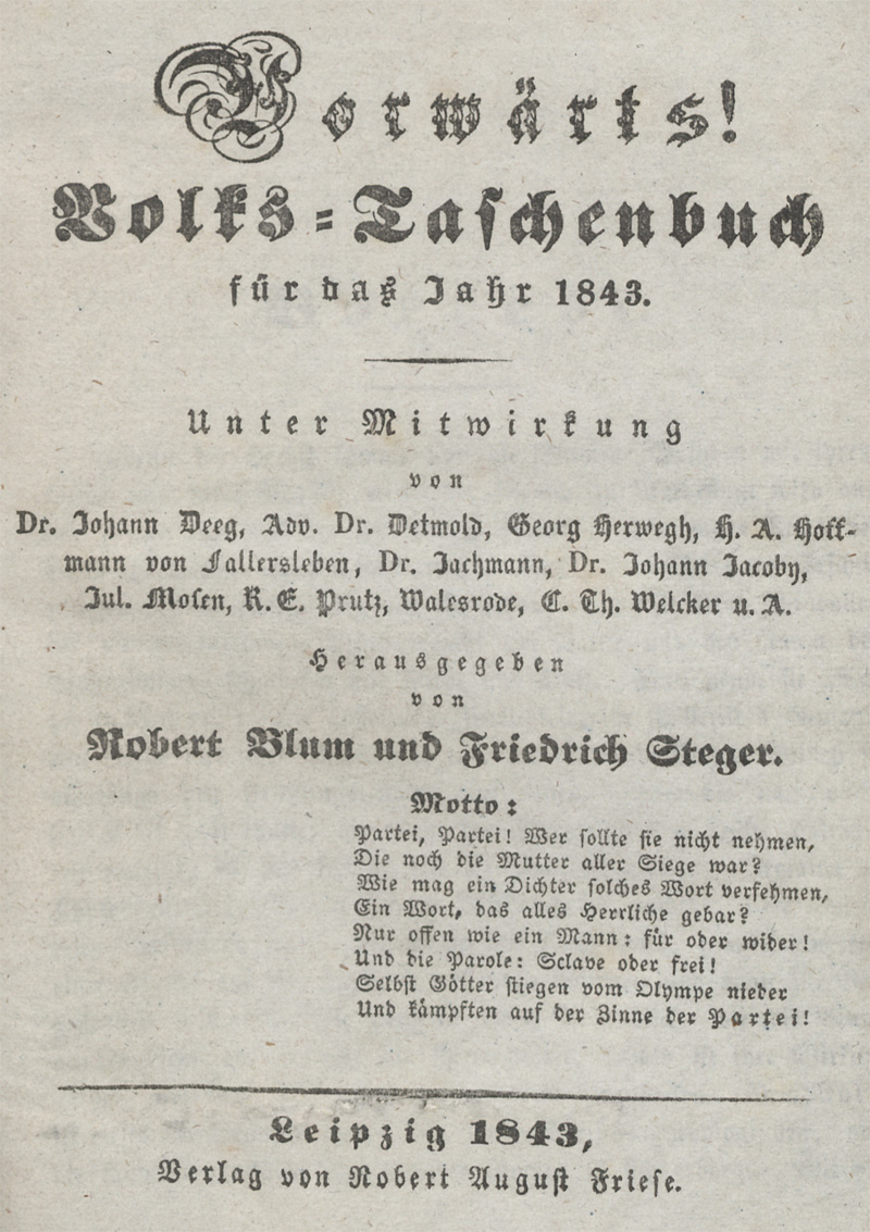 Lot 2157, Auction 128, Vorwärts! Volks-Taschenbuch für das Jahr 1843-1847, Herausgegeben von Robert Blum