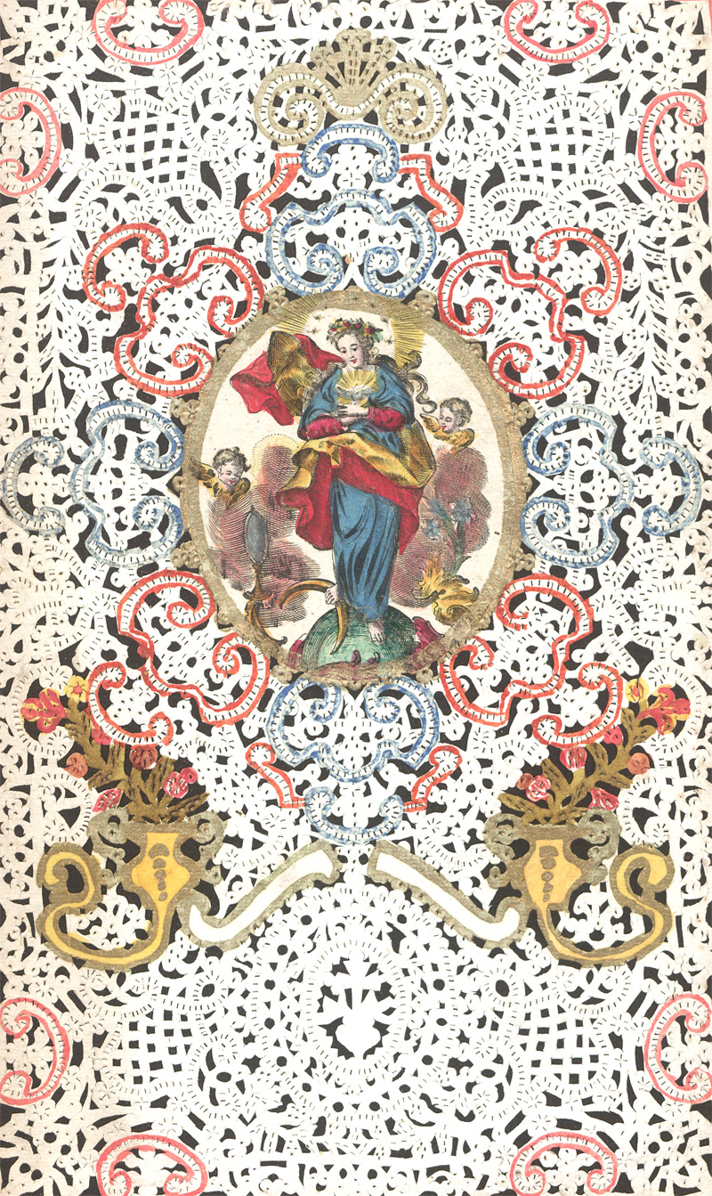 Lot 2202, Auction 128, Spitzenbild, Maria Immaculata. Vielfach durchbrochene Klosterarbeit auf Papier mit farbigen Rahmungen und Kartuschenkonturen