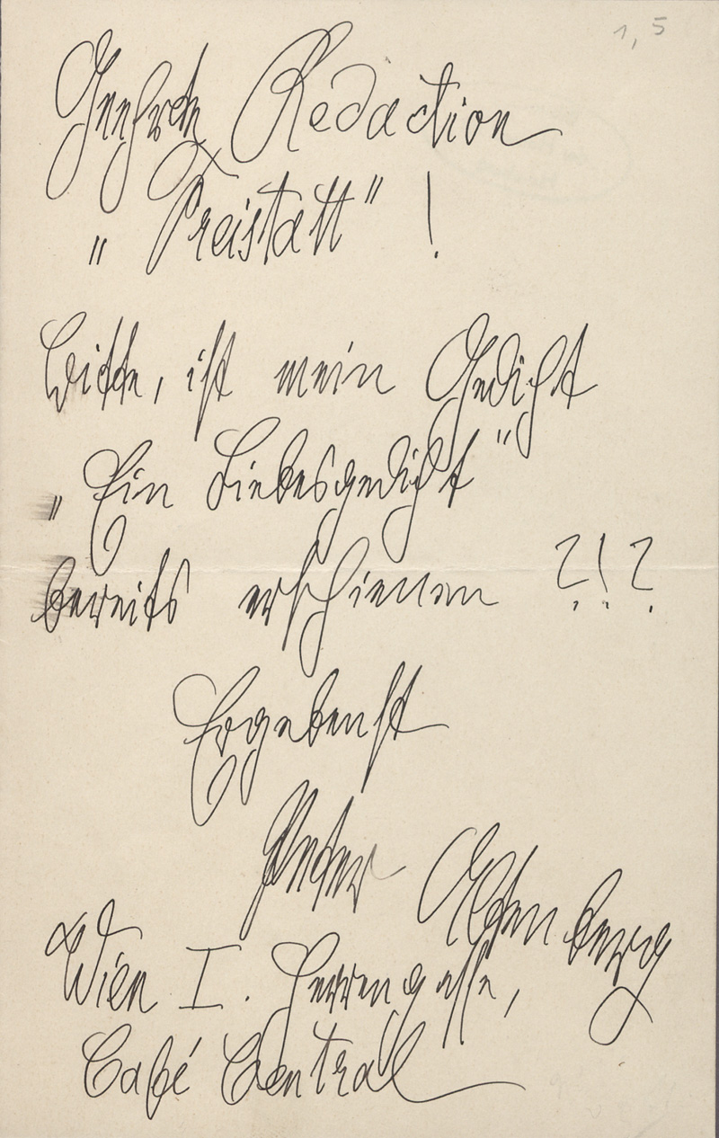 Lot 2302, Auction 128, Altenberg, Peter, Billet an die Redaktion der "Freistatt". Ca. 1910
