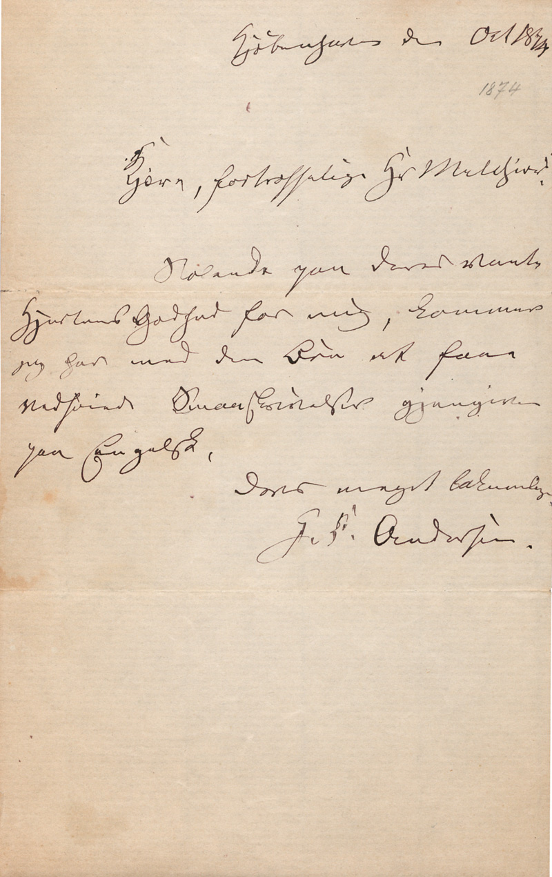 Lot 2304, Auction 128, Andersen, Hans Christian, Brief (Billet) an Herrn Melchior. Kopenhagen 1874