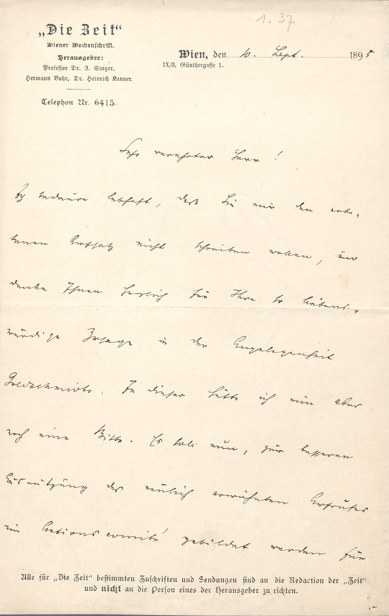 Lot 2309, Auction 128, Bahr, Hermann, Brief an einen Kritiker. 1895