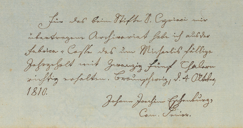 Lot 2323, Auction  128, Eschenburg, Johann Joachim, Gehaltsquittung für Tätigkeit als Archivar. 1810