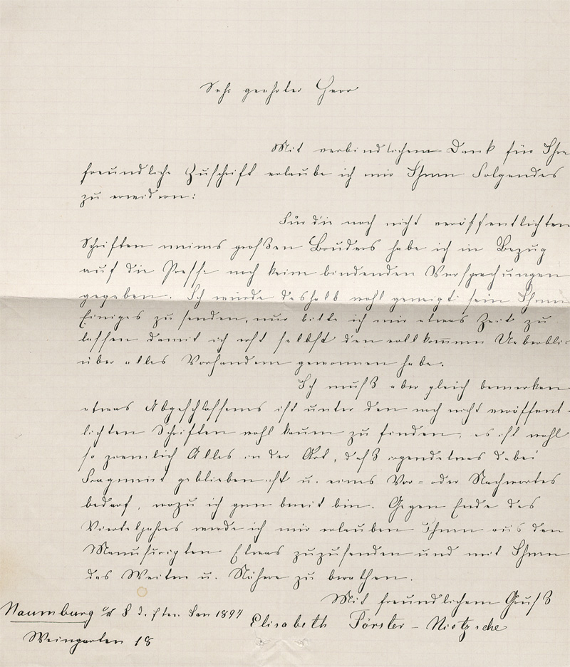 Lot 2326, Auction 128, Förster-Nietzsche, Elisabeth, Brief an einen Redakteur. 1897