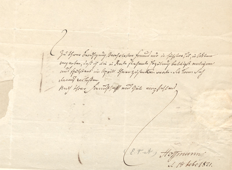 Lot 2361, Auction 128, Hoffmann, E. T. A., Brief an Stephan Schütze in Weimar. 1821.