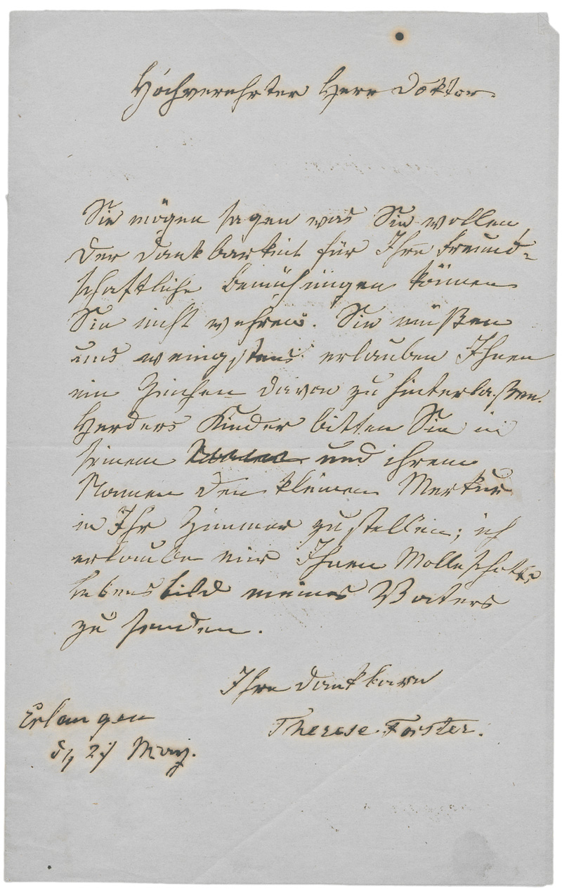 Lot 2363, Auction 128, Forster, Marie Therese, Brief an Prosektor Dr. Herz in Erlangen. Um 1842