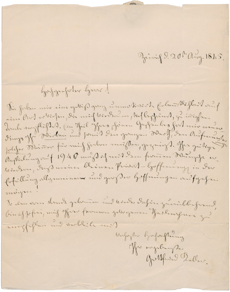 Lot 2365, Auction 128, Keller, Gottfried, Brief an Herrn Ott-Usteri. 1845