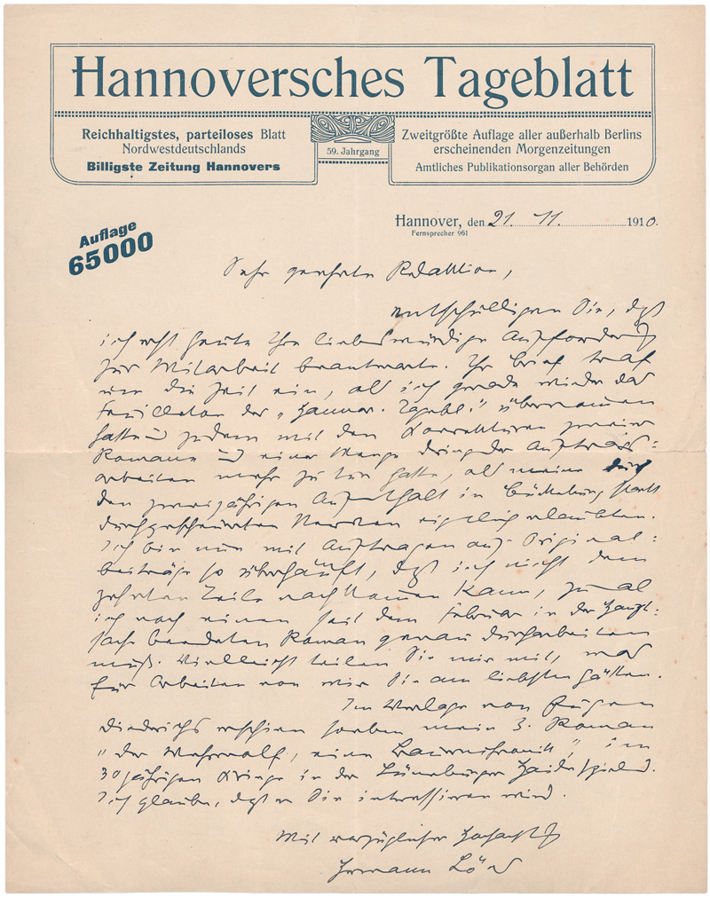Lot 2369, Auction 128, Löns, Hermann, Brief an eine Redaktion. 1910
