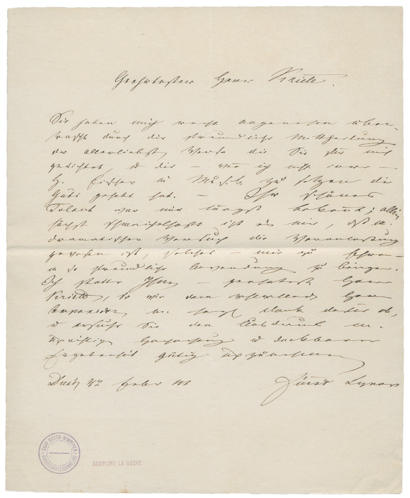Lot 2372, Auction  128, Lynar, Rochus Otto Fürst zu, Brief an den Schauspieler und Schriftsteller Hans Georg Kriete. 1841