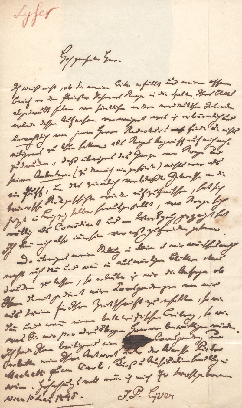 Lot 2373, Auction  128, Lyser, Johann Peter, Brief an die Redaktion des Frankfurter "Conversationsblattes". 1845